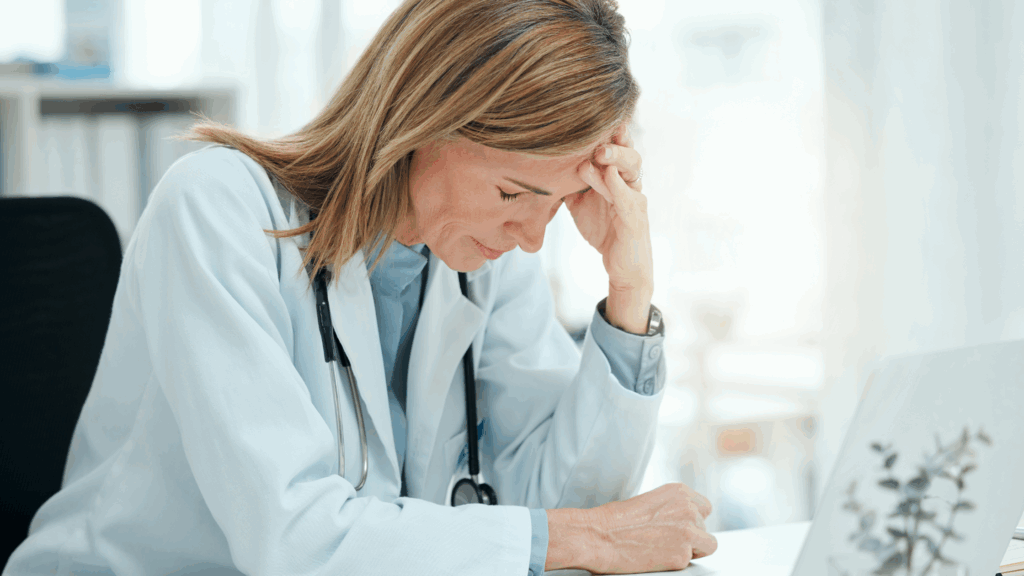 Burned-out healthcare provider overwhelmed by charting, a reminder of the medical scribe ROI in reducing stress