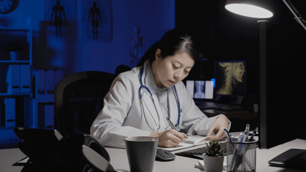 Provider experiencing burnout due to excessive EHR documentation without scribe support